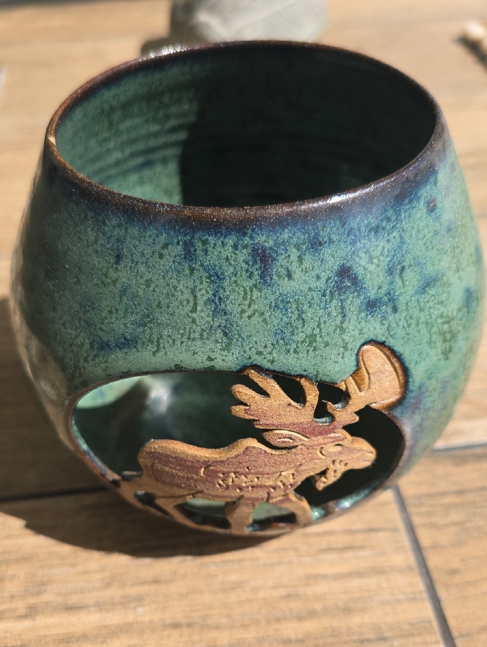 Rustic Green Handmade Glazed Ceramic Votive with Moose Cutout - Picture 10 of 16